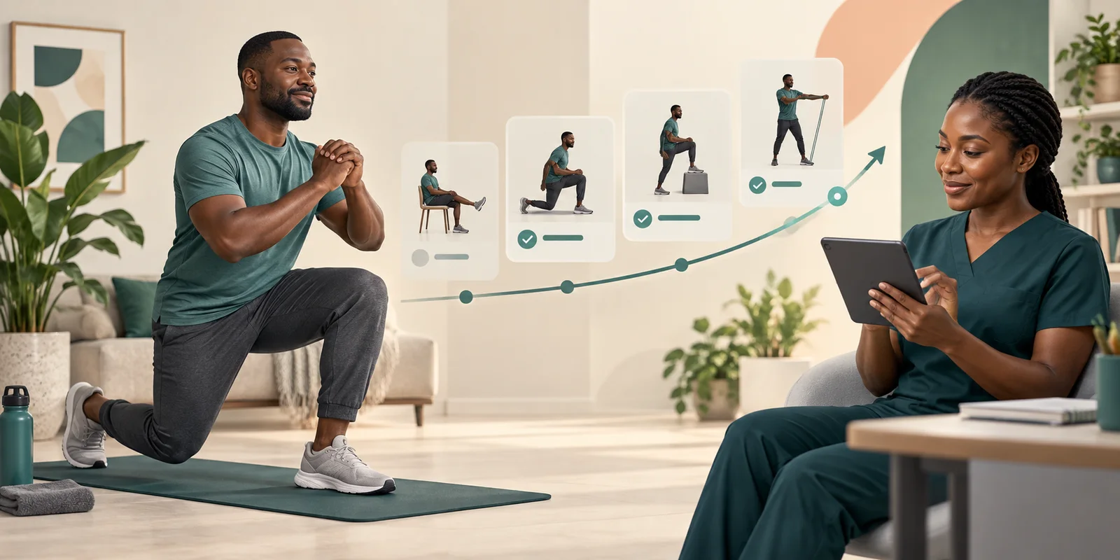 A patient exercising while a physiotherapist reviews changing programme stages and progress
