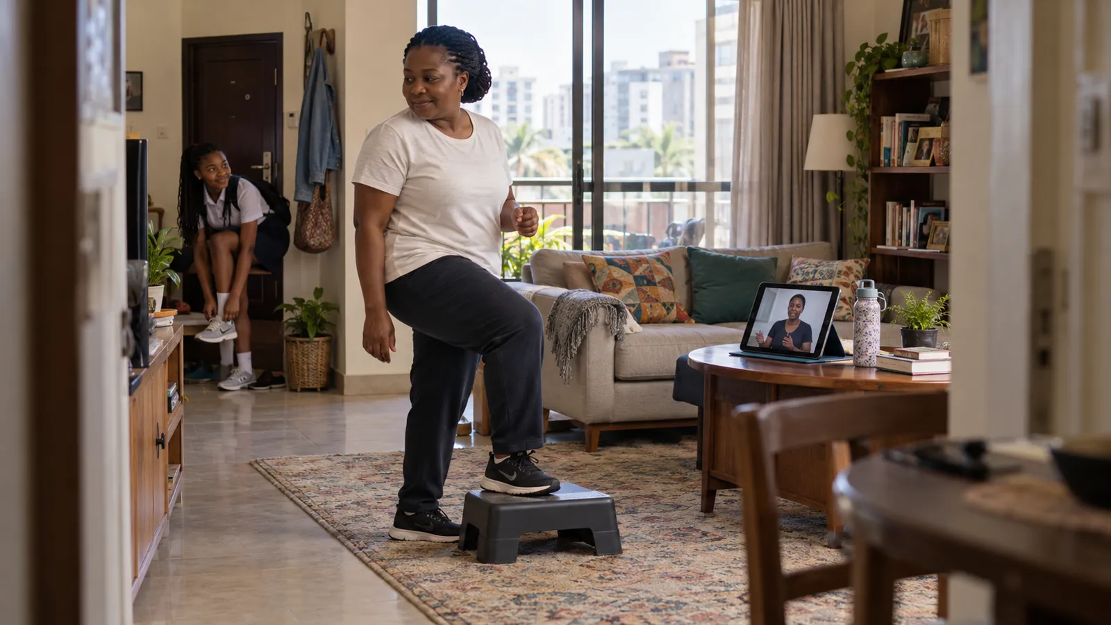 Illustrative scene of a woman following a remotely guided recovery routine before going out with her daughter