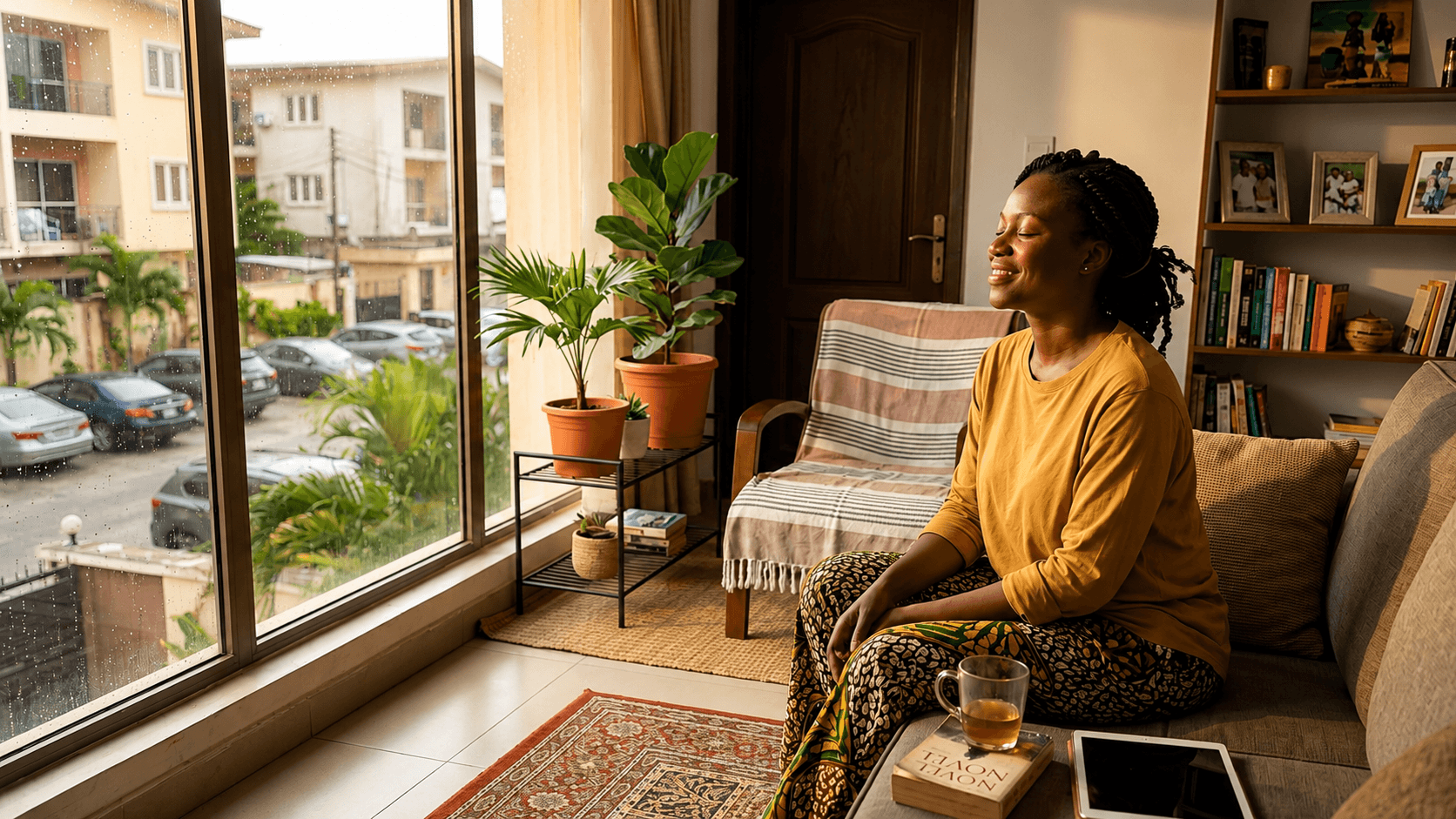 Person looking relieved by window