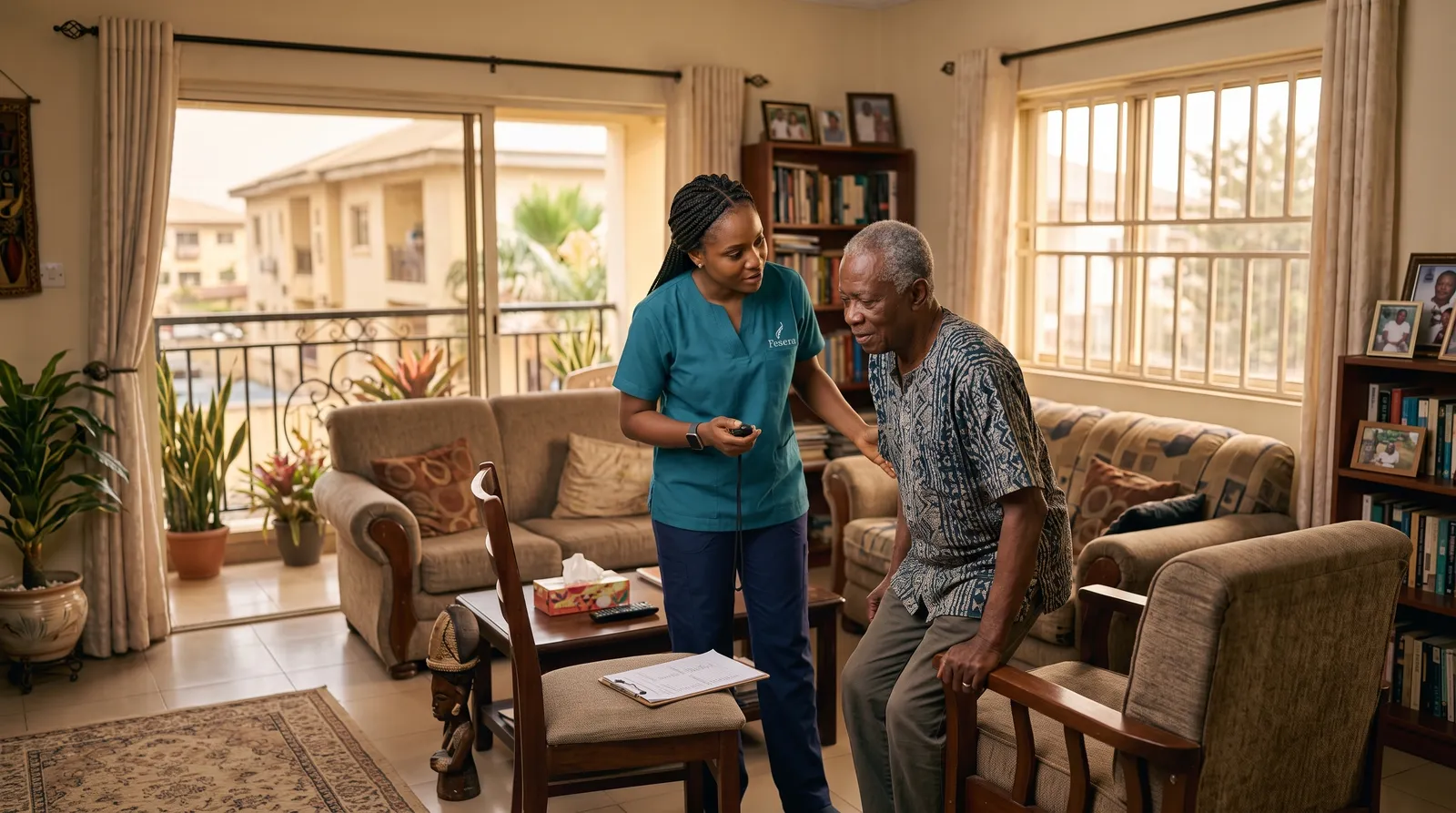 A physiotherapist assessing a patient at home
