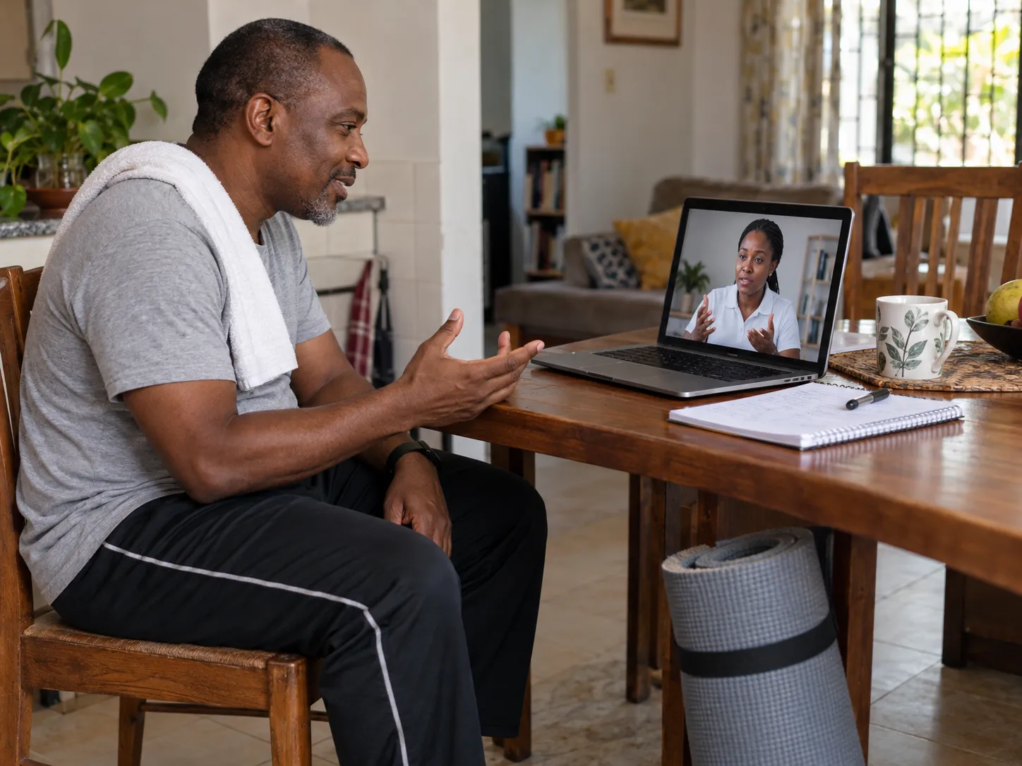 Illustrative scene of a patient discussing his recovery with a physiotherapist after exercising