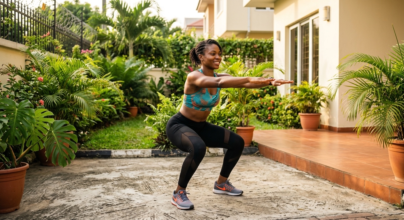 Person doing bodyweight squat, confident upright posture, bright home setting
