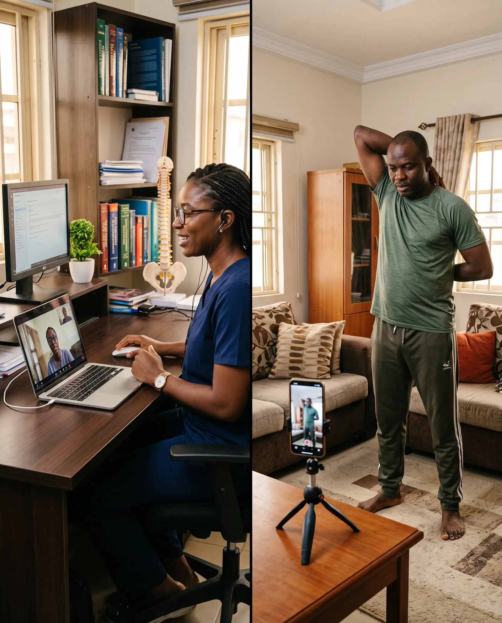 A physiotherapist guiding a patient remotely