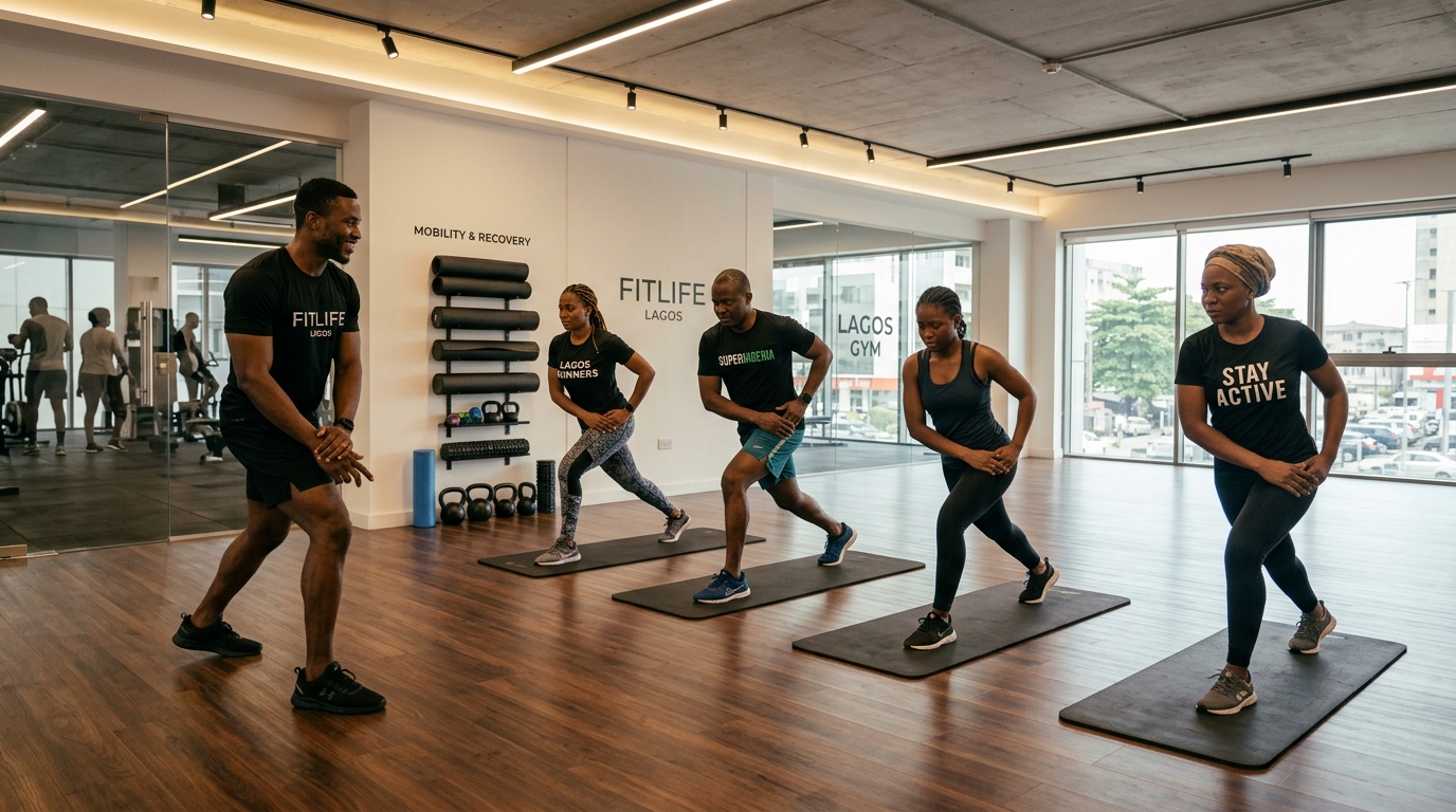 Group of 5 Nigerian adults in an indoor gym studio room doing shared warm-up