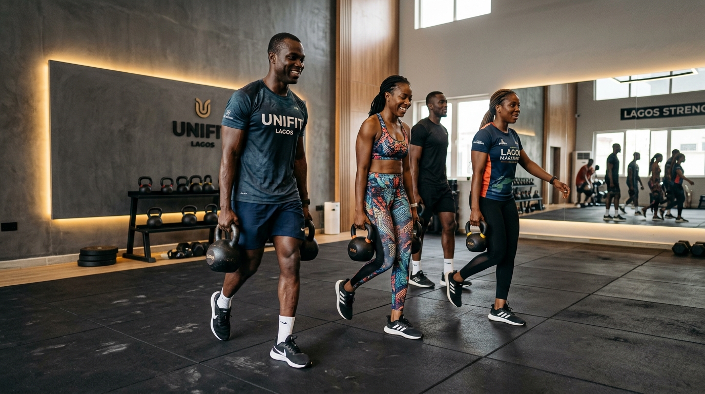 Group kettlebell carrying exercise in clean indoor athletic studio