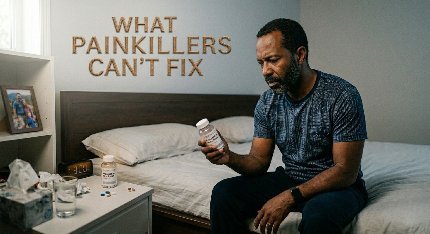 Man holding prescription pills considering back pain medication